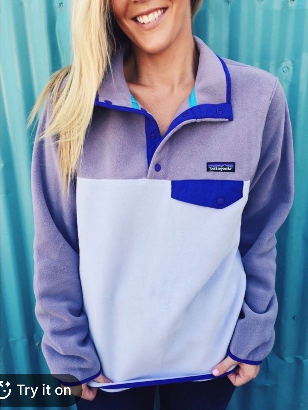 Patagonia Lavender and White Snap-Front Fleece Pullover size XLarge
